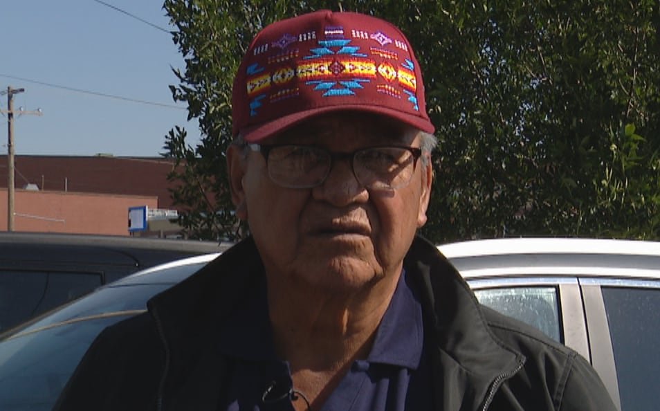 An elderly man stands beside a car.